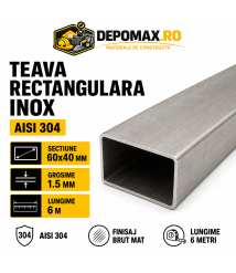 Teava rectangulara inox AISI 304, 60 x 40 x 1.5 mm, 6 metri Teava rectangulara inox AISI 304, 60 x 40 x 1.5 mm, 6 metri